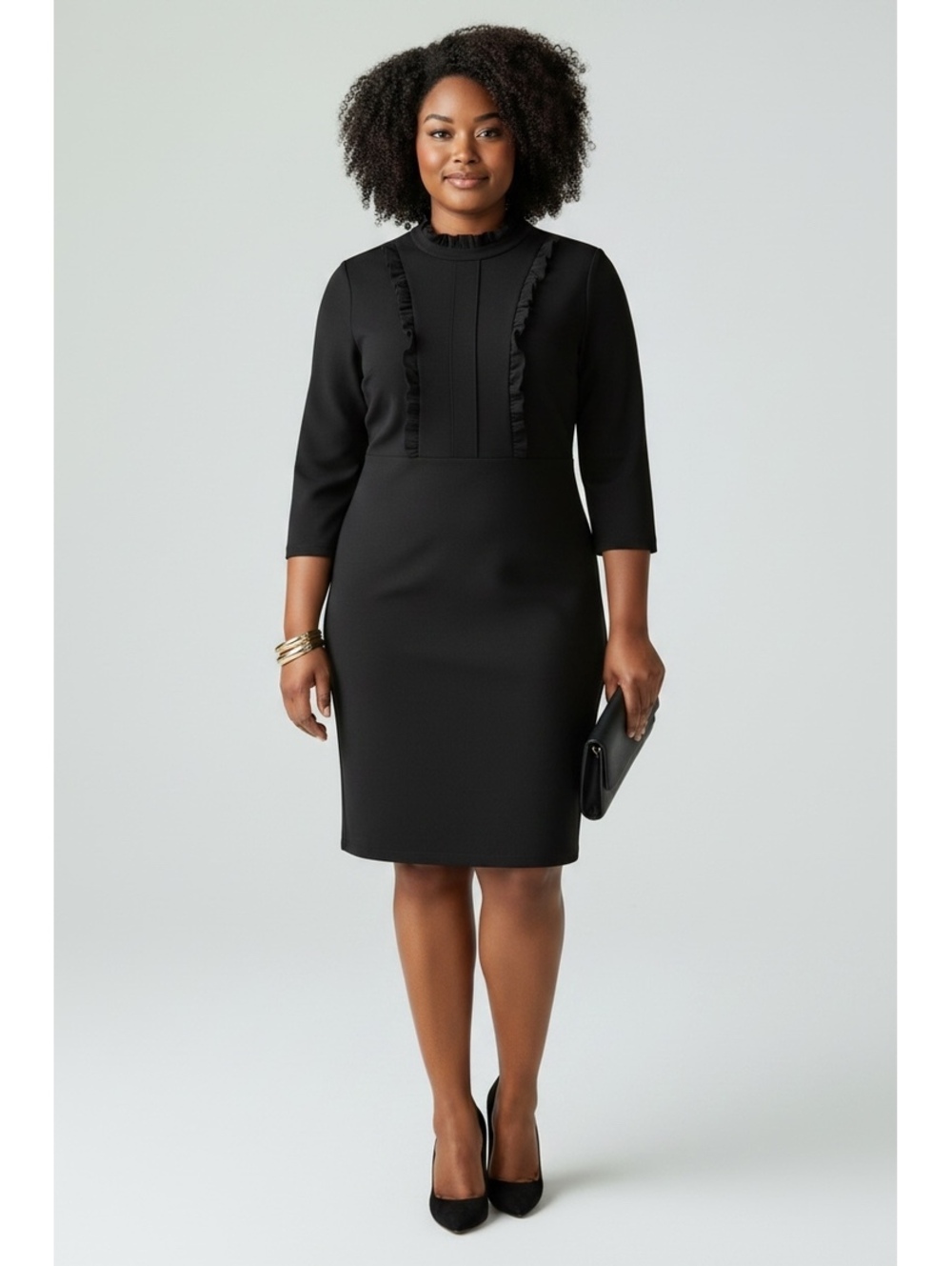 NWT Sharagano Mock Neck Ruffle Bodice Black Long Sleeve Dress - Size 12